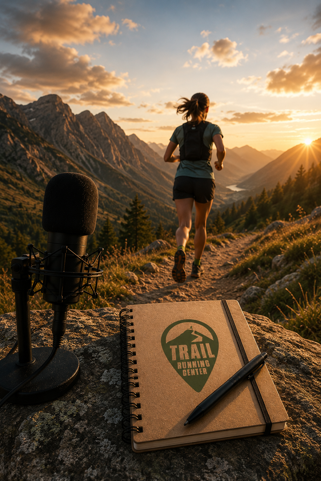 Corredora de trail running en un sendero de montaña junto a un micrófono y un cuaderno Trail Running Center